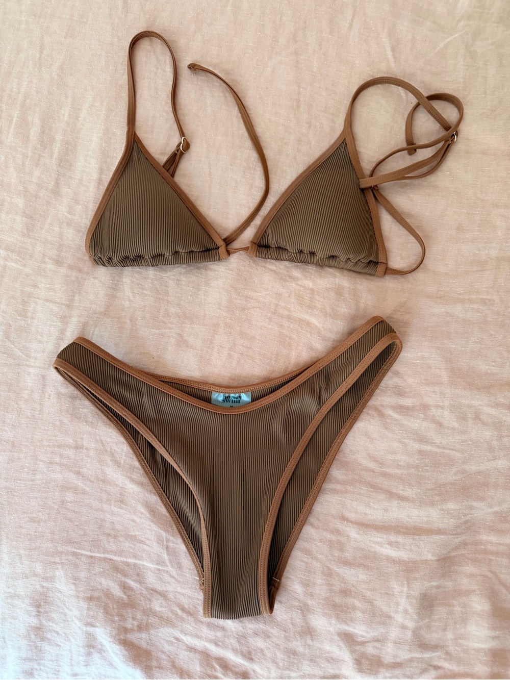 Honey Swim Ribbed Triangle Bikini Set in Umber size S/M